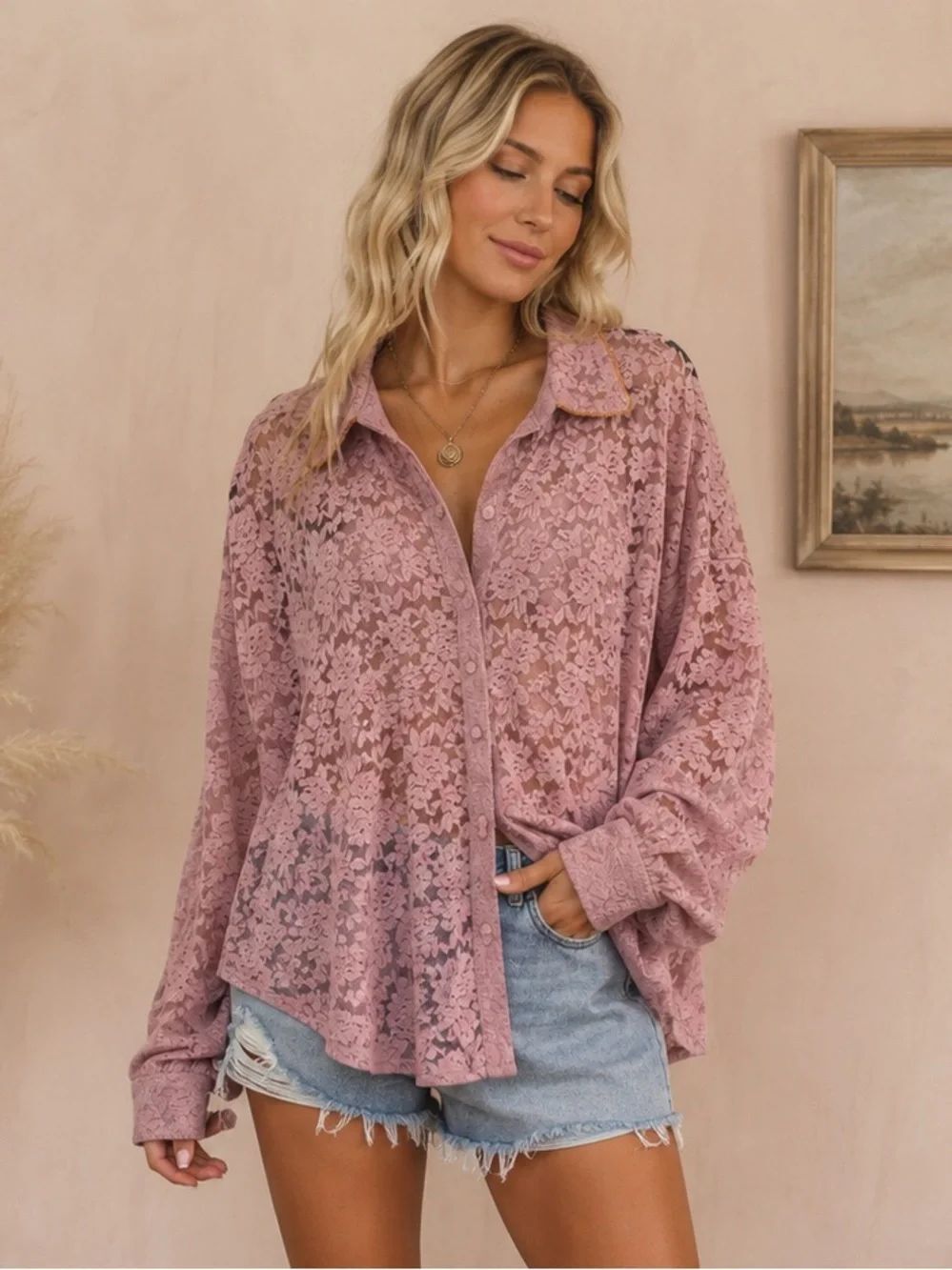 Free People Dusty Rose Lace Button-Down Shirt Boho Chic Aesthetic